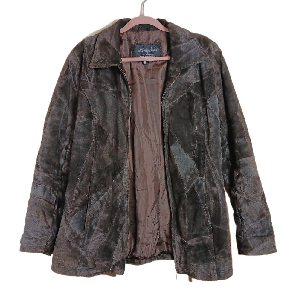 Henig Furs Suede Jacket Women’s L Dark Taupe 100% Leather Vtg 90s Patchwork Zip
